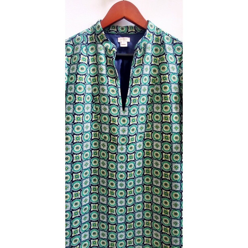 J. Crew Dress A Line Size 0 Emerald/Navy/Yellow/Ivory Geometric Tile Print Lined - Picture 3 of 7